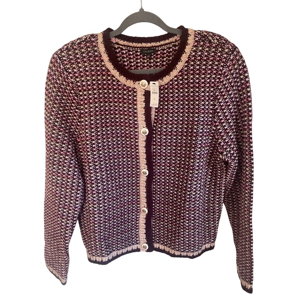 NWT Talbots Tweed Crewneck Cardigan Sweater Jacket Rich Burgundy Multi Size XL